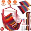 Hammock Hanging Chair Canvas Porch Patio Swing Seat Portable Camping Rope Seat Wooden Stick Hammock Chair with 2 Pillows 265LBS Load-bearing